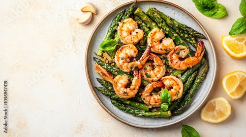 Carabineros prawns plated with roasted asparagus, isolated on a light tan background with fresh garlic cloves and lemon zest
