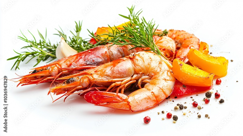 Carabineros prawns with a side of roasted vegetables, isolated on a bright white background with decorative herbs and garlic cloves Carabineros prawns with a side of roasted vegetables, isolated on a bright white background with decorative herbs and garlic cloves