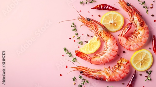 Carabineros prawns with roasted garlic and lemon slices, isolated on a soft pink background with scattered chili and thyme sprigs