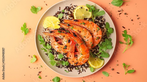 Grilled Carabineros prawns on a bed of wild rice, isolated on a light peach background with a scattering of herbs and lemon slices
