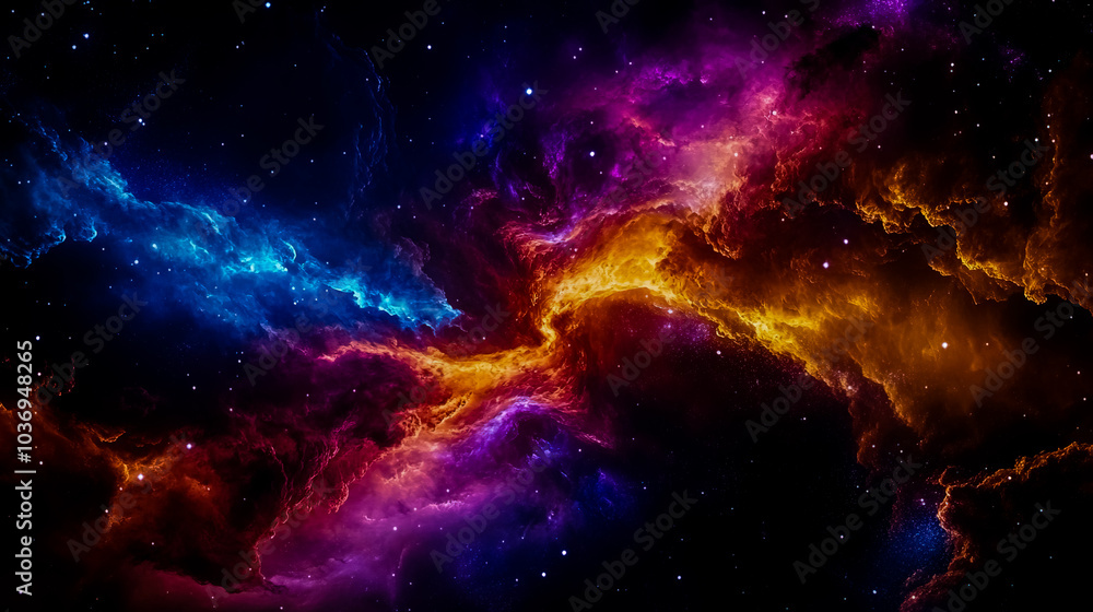 Fototapeta premium Distant galaxy, swirling clouds of gas and dust illuminated by vibrant colors, deep space background.