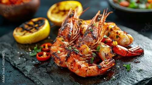 Pan-fried Carabineros prawns with a side of roasted peppers, isolated on a rustic stone background with charred lemon wedges