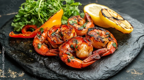 Pan-fried Carabineros prawns with a side of roasted peppers, isolated on a rustic stone background with charred lemon wedges