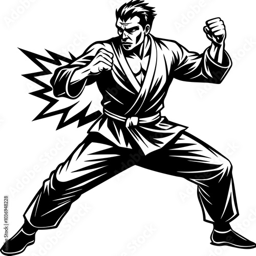 martial artist in a powerful karate stance Silhouette Black Vector