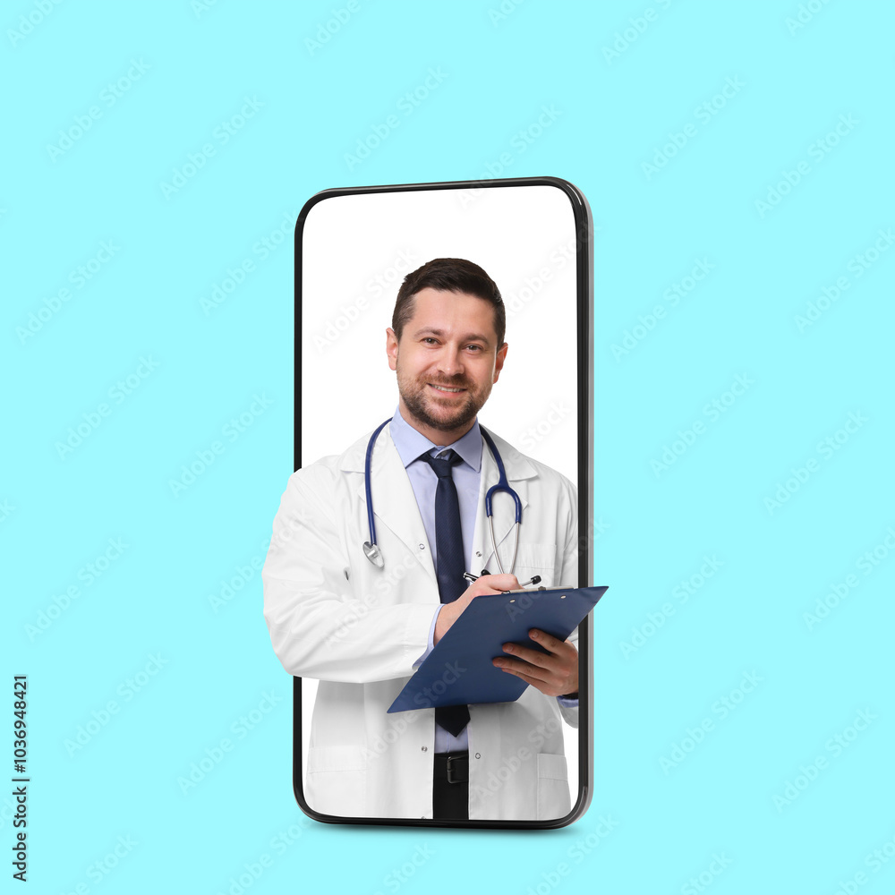 Fototapeta premium Online medical consultation. Doctor with clipboard on smartphone screen against light blue background