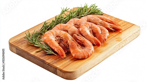 Spanish Carabineros prawns on a wooden board, isolated on a white background with sprigs of fresh rosemary and thyme