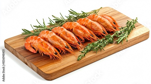 Spanish Carabineros prawns on a wooden board, isolated on a white background with sprigs of fresh rosemary and thyme