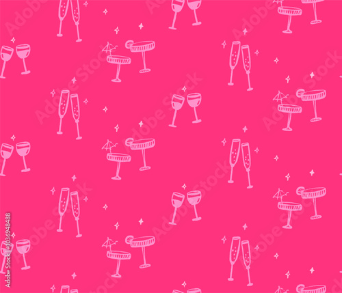 Pink festive drink glasses pattern, seamless vector background for party decorations, cocktail menu, bar vector texture