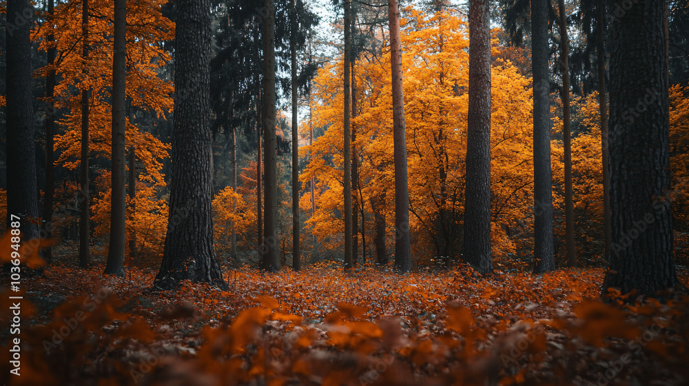 A vibrant autumn forest showcasing a variety of trees displaying fiery orange and yellow foliage. A vibrant autumn forest showcasing a variety of trees displaying fiery orange and yellow foliage.