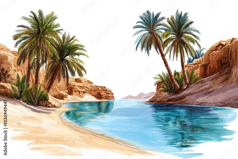 Oasis in the Desert with Palm Trees and Turquoise Water Oasis in the Desert with Palm Trees and Turquoise Water