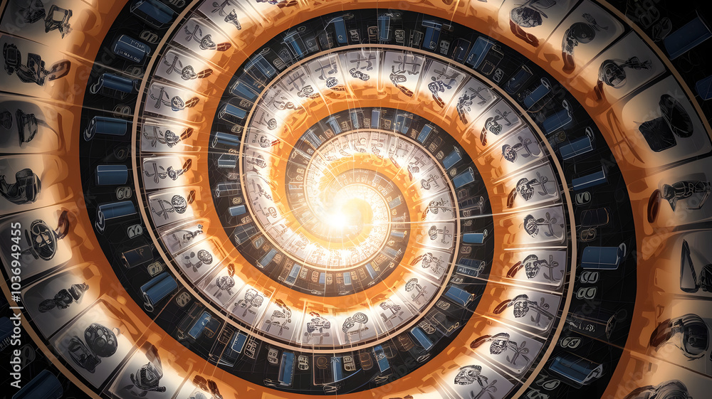 Obraz premium A spiral of financial symbols leading to a golden light, representing the journey to success. ( Business Concept )