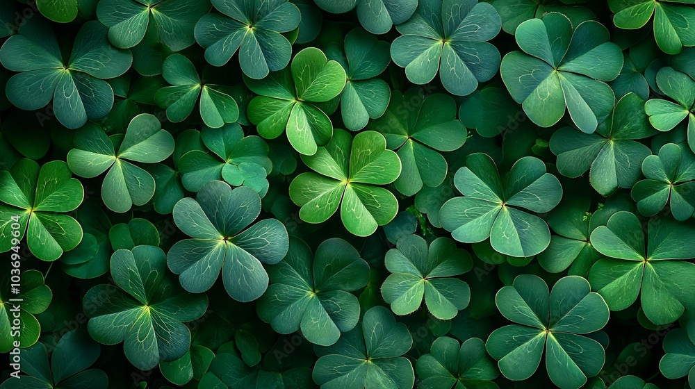 Whimsical pattern of fourleaf clovers interspersed playful designs creating a lively St Patrick's Day background rich in color and celebration