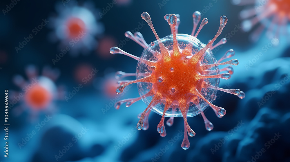 Highly detailed microscopic view of a virus particle floating against a blue background. Close-Up of a Virus Particle with Spikes in a Microscopic View Highly detailed microscopic view of a virus particle floating against a blue background. Close-Up of a Virus Particle with Spikes in a Microscopic View