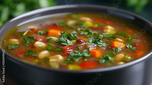 A bowl of colorful vegetable soup garnished with fresh herbs, ready to serve.