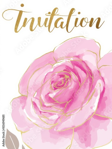 Large pink rose in corner on white background with text, watercolor drawing, sketch, vintage, retro style, provence, image, postcard, card, letterhead, template, wedding, closeup