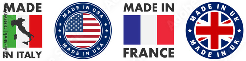 Made in USA, France, Italy, UK. Vector stickers for stickers for product labeling.