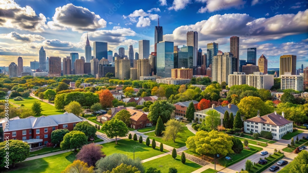 Obraz premium Scenic view of lush suburb in chicago, illinois, usa. City center showcasing stunning skyscrapers in background. Aerial perspective