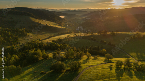 Fototapeta Naklejka Na Ścianę i Meble -  Drone Captures Autumn Beauty in the Countryside Under Poland's Tatra Mountain Range