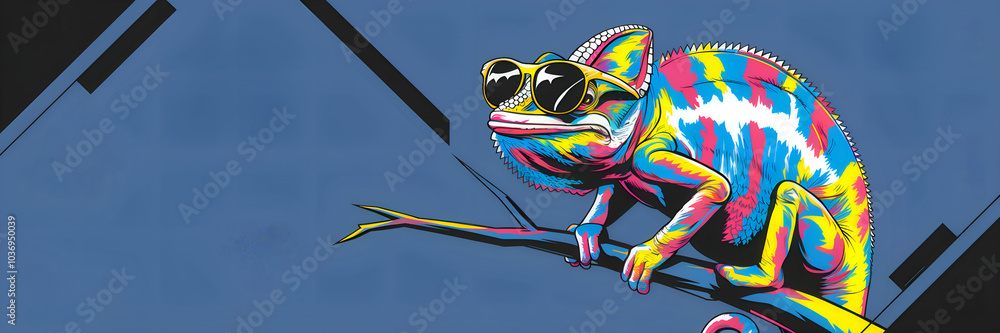 Vibrant Chameleon in Sunglasses on a Branch Vibrant Chameleon in Sunglasses on a Branch