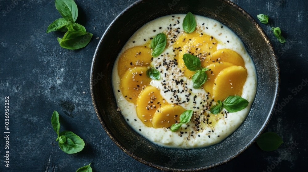 Creamy Yogurt Bowl with Fresh Basil and Mango Slices Creamy Yogurt Bowl with Fresh Basil and Mango Slices
