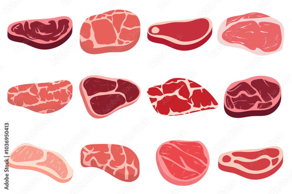 Flat Vector Meat Icons - different kinds of meat isolated on white. Flat Vector Meat Icons - different kinds of meat isolated on white.