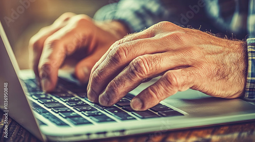 A Person Typing on a Laptop Keyboard While Sitting at a Wooden Table in a Cozy, Well-Lit Environment During the Afternoon