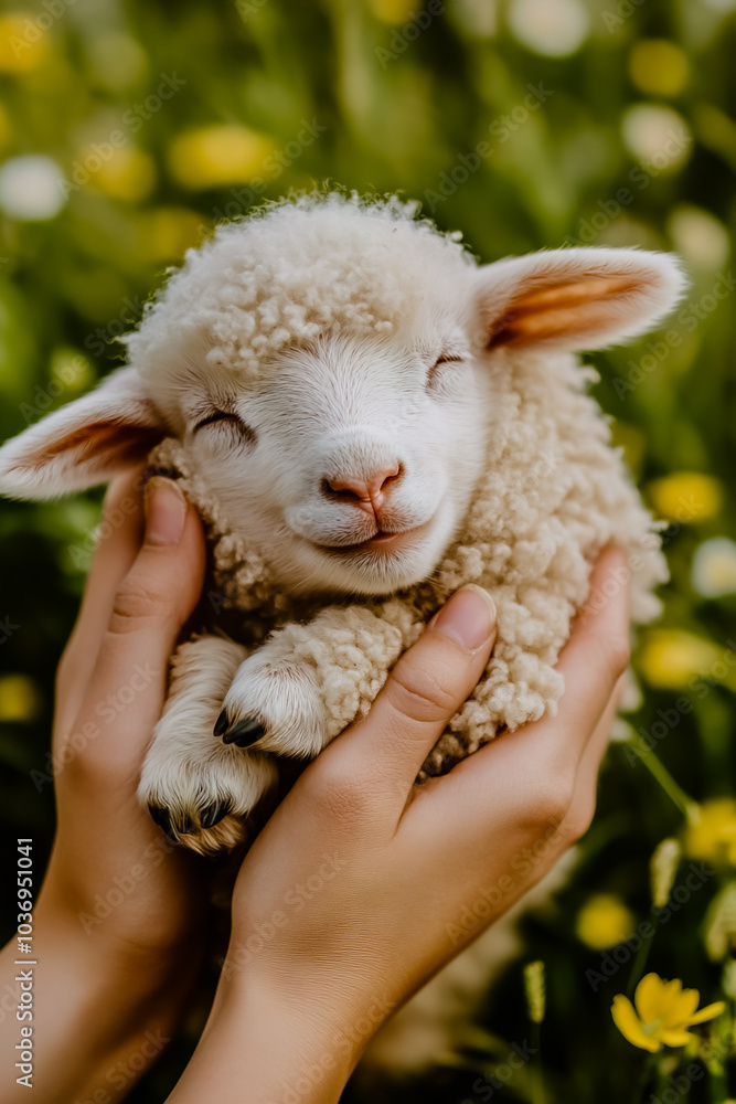 Hands holding an adorable baby sheep. Hands holding an adorable baby sheep.