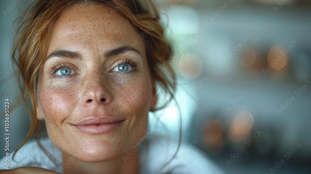 Portrait of a young woman with freckles on her face Portrait of a young woman with freckles on her face