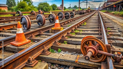 Railway maintenance equipment and tools scattered along deserted tracks, with rusted rail sections, worn-out wheels, and warning cones, conveying a sense of industrial neglect. photo