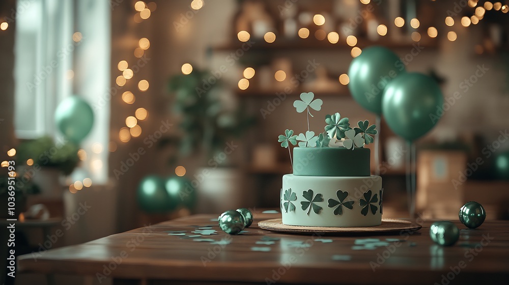 Whimsical setup showcasing empty paper banner adorned with clovers a stylish St Patrick's Day hat and sparkling balloons all resting on a textured wooden table Whimsical setup showcasing empty paper banner adorned with clovers a stylish St Patrick's Day hat and sparkling balloons all resting on a textured wooden table