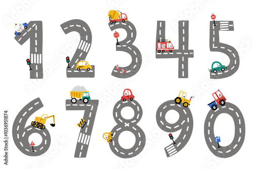 Set of cartoon numbers from 1 to 9. Childrens road and various colored cars in form of numbers. Children educational cards for learning numbers.