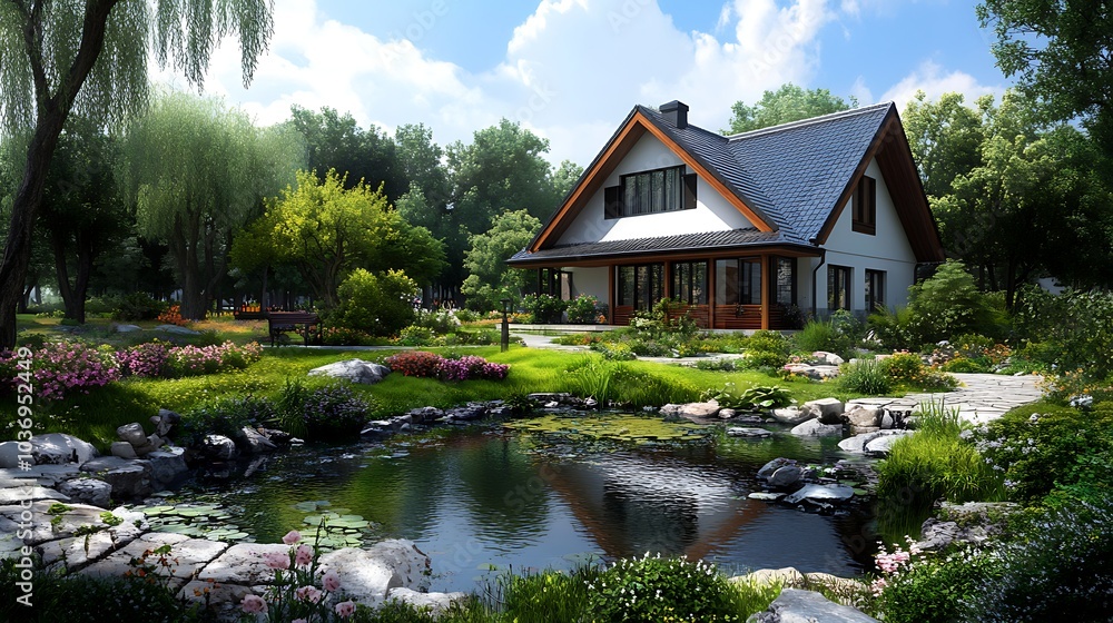 Modern House with Pond and Garden in the Countryside Modern House with Pond and Garden in the Countryside