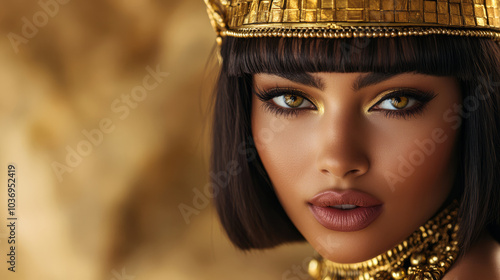 A close-up of a woman styled like Cleopatra, with her signature bob haircut, adorned with golden beads and an intricate headpiece, evoking the elegance of the ancient queen, photo