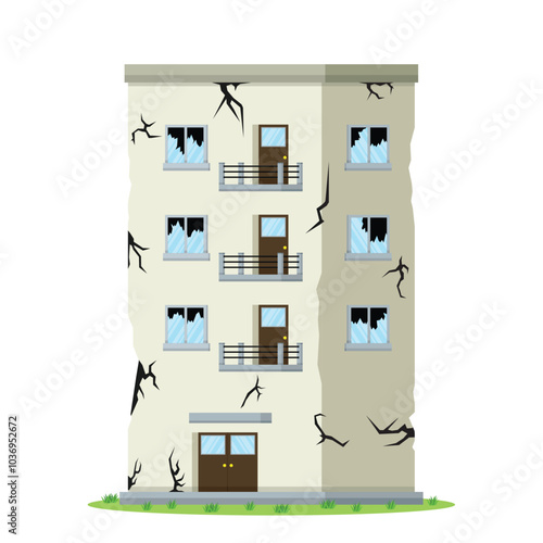 concept illustration of a damaged building, damaged hotel or apartment, flat style vector illustration.