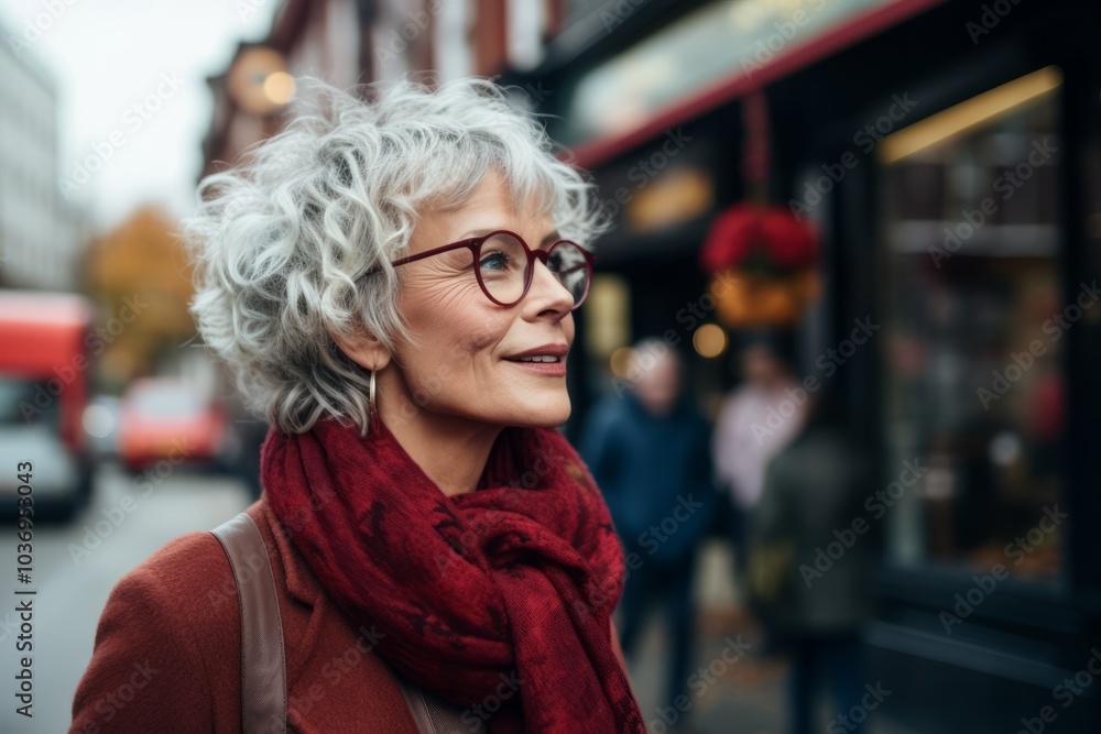 Portrait of a smiling senior woman with eyeglasses walking in the city Portrait of a smiling senior woman with eyeglasses walking in the city
