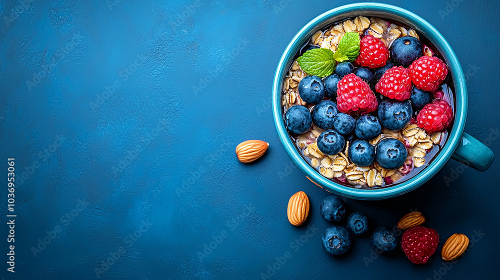 A Vibrant Bowl of Oatmeal Topped With Fresh Raspberries, Blueberries, and Almonds on a Deep Blue Background A Vibrant Bowl of Oatmeal Topped With Fresh Raspberries, Blueberries, and Almonds on a Deep Blue Background