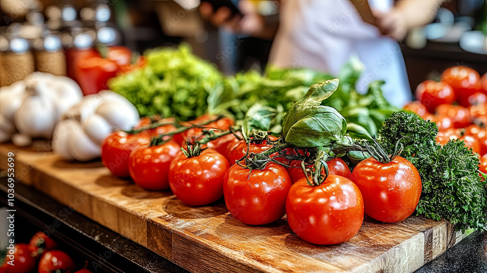 Fresh Tomatoes, Leafy Greens, and Herbs Arranged on a Wooden Cutting Board in a Bustling Kitchen Environment During Meal Preparation Fresh Tomatoes, Leafy Greens, and Herbs Arranged on a Wooden Cutting Board in a Bustling Kitchen Environment During Meal Preparation