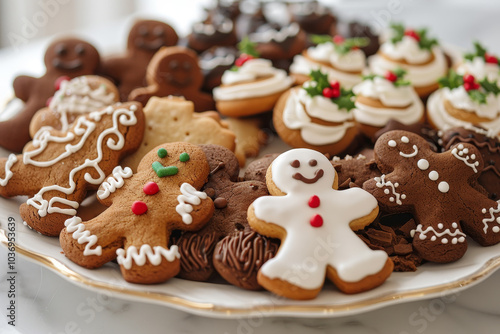 A plate of assorted cookies and cakes with a white plate and a gold rim