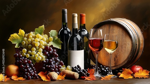 Still Life of Wine  Grapes  and Barrel with Autumn Leaves photo