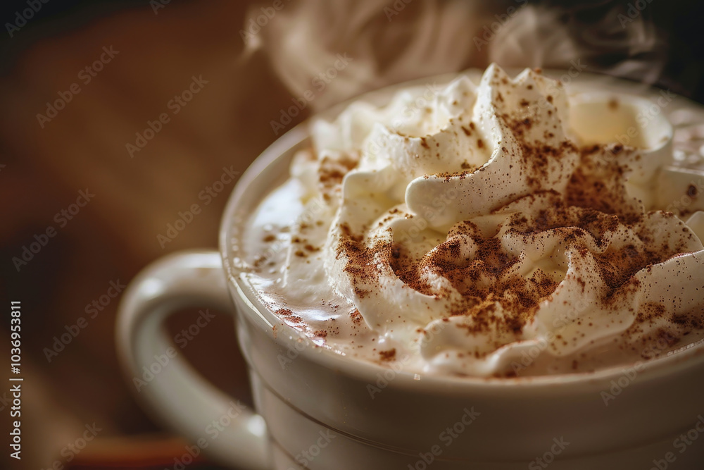 A white coffee cup with whipped cream and cinnamon on top A white coffee cup with whipped cream and cinnamon on top