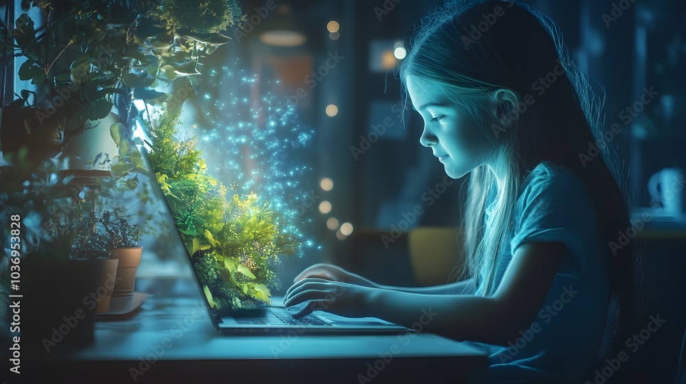 education, school and technology concept - girl with laptop computer and hologram projection learning nature online at home. education, school and technology concept - girl with laptop computer and hologram projection learning nature online at home.