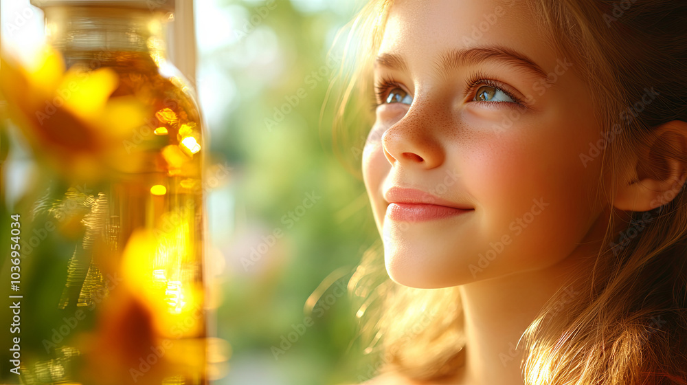 Fototapeta premium A Young Girl Admires Sunflowers in a Vibrant Kitchen Lit by Warm Afternoon Sunlight