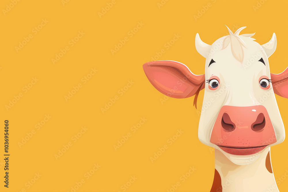 A cartoon cow with a big smile on its face is looking at the camera A cartoon cow with a big smile on its face is looking at the camera