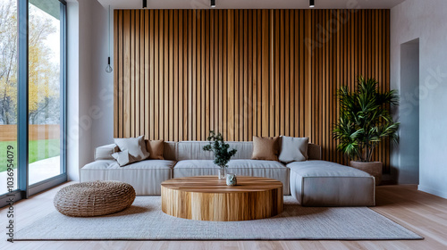 Wide living room with wooden acoustic panel soundproofing, wooden slats covering the entire wall, accent lighting above highlighting the slats, modern furniture arrangement, soft color palette.