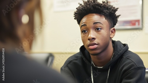 A youth attending a counseling session as part of a diversion program, demonstrating alternative approaches in juvenile justice