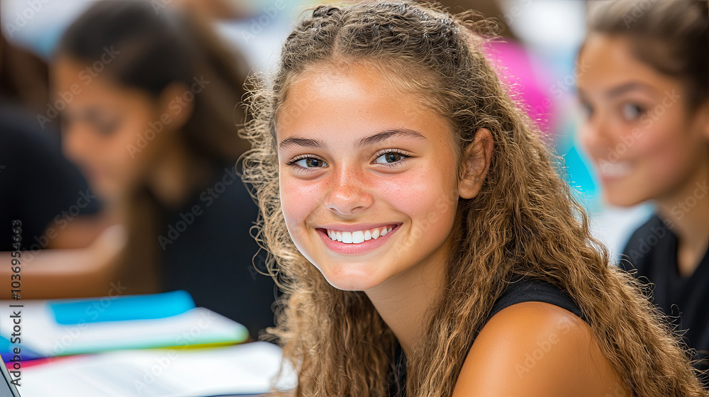 Young Girl Smiles During a Classroom Activity With Classmates Engaged in Learning at a Bright Educational Setting Young Girl Smiles During a Classroom Activity With Classmates Engaged in Learning at a Bright Educational Setting