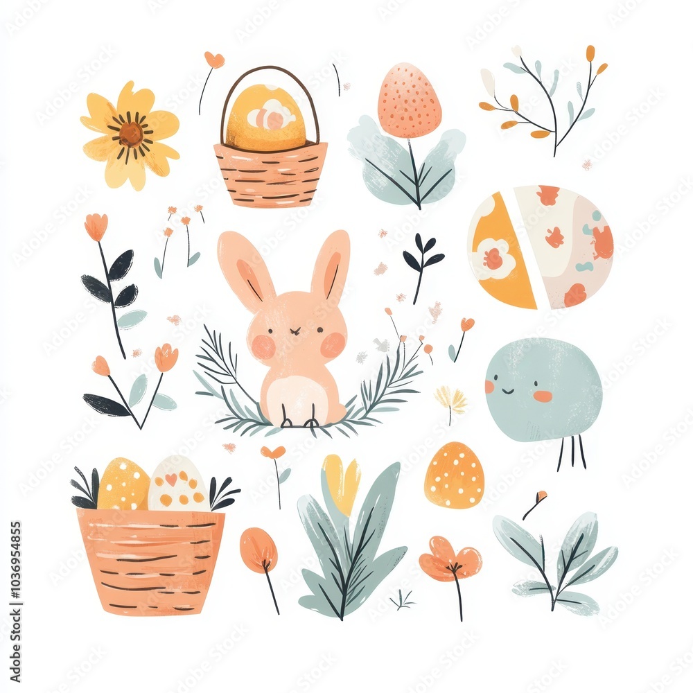 easter bunny and flowers in a basket easter bunny and flowers in a basket