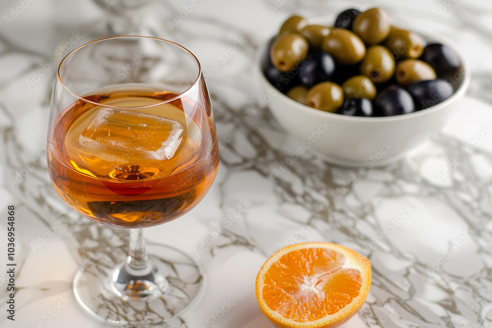 A glass of wine is poured into a wine glass on a marble counter A glass of wine is poured into a wine glass on a marble counter
