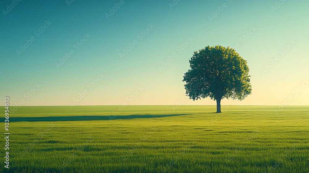 Fototapeta premium A Solitary Tree Stands in a Vast Green Field Under a Clear Blue Sky During Early Morning Hours Near a Peaceful Countryside Landscape