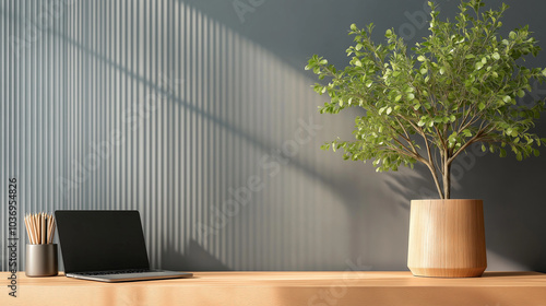 A stylish minimalist workspace in a bedroom, showcasing a wooden desk placed against a ribbed gray wall. The deskâs natural wood texture contrasts beautifully with the gray wallâs photo